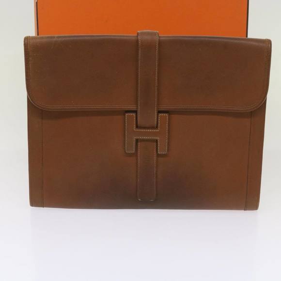 HERMES Clutch Bag Leather Brown Auth bs12425 - Picture 12 of 16